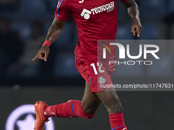 Allan Nyom of Getafe CF is in action during the La Liga EA Sports match between RC Celta de Vigo and Getafe CF at Estadio Abanca Balaidos in...