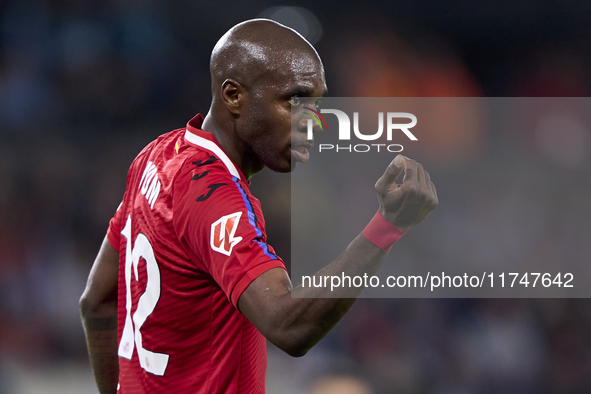 Allan Nyom of Getafe CF reacts during the La Liga EA Sports match between RC Celta de Vigo and Getafe CF at Estadio Abanca Balaidos in Vigo,...