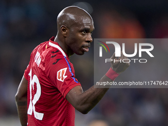 Allan Nyom of Getafe CF reacts during the La Liga EA Sports match between RC Celta de Vigo and Getafe CF at Estadio Abanca Balaidos in Vigo,...