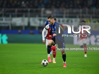 Piotr Zielinski of Inter Milan is in action during the Champions League match between Inter Milan and Arsenal at San Siro Stadium in Bergamo...