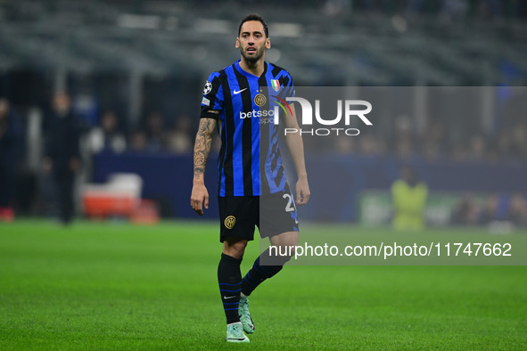 Hakan Calhanoglu of Inter Milan looks on during the Champions League match between Inter Milan and Arsenal at San Siro Stadium in Bergamo, I...