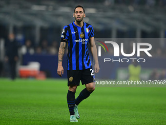 Hakan Calhanoglu of Inter Milan looks on during the Champions League match between Inter Milan and Arsenal at San Siro Stadium in Bergamo, I...