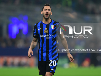 Hakan Calhanoglu of Inter Milan looks on during the Champions League match between Inter Milan and Arsenal at San Siro Stadium in Bergamo, I...