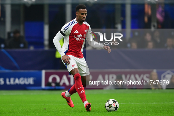 Gabriel Magalhaes plays during the Champions League match between Inter Milan and Arsenal at San Siro Stadium in Bergamo, Italy, on November...