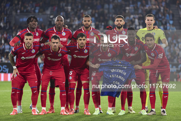 Getafe CF players line up for the team photos prior to the La Liga EA Sports match between RC Celta de Vigo and Getafe CF at Estadio Abanca...