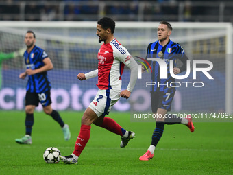 William Saliba of Arsenal is in action during the Champions League match between Inter Milan and Arsenal at San Siro Stadium in Bergamo, Ita...