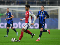 William Saliba of Arsenal is in action during the Champions League match between Inter Milan and Arsenal at San Siro Stadium in Bergamo, Ita...