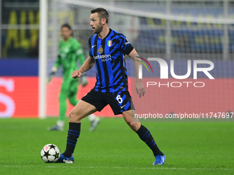 Stefan de Vrij of Inter Milan plays during the Champions League match between Inter Milan and Arsenal at San Siro Stadium in Bergamo, Italy,...