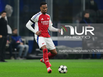 Gabriel Magalhaes of Arsenal is in action during the Champions League match between Inter Milan and Arsenal at San Siro Stadium in Bergamo,...