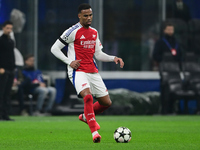 Gabriel Magalhaes of Arsenal is in action during the Champions League match between Inter Milan and Arsenal at San Siro Stadium in Bergamo,...