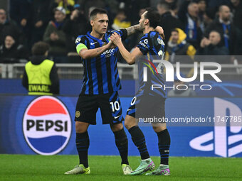 Hakan Calhanoglu of F.C. Inter celebrates after scoring the goal of 1-0 during the UEFA Champions League 2024/25 League Phase MD4 match betw...