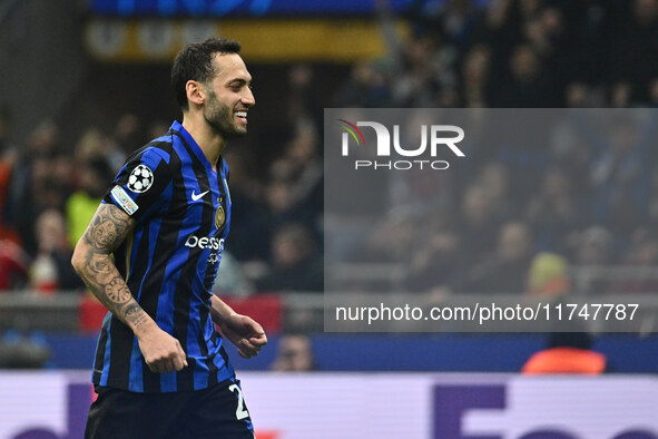 Hakan Calhanoglu of F.C. Inter celebrates after scoring the goal of 1-0 during the UEFA Champions League 2024/25 League Phase MD4 match betw...