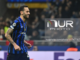 Hakan Calhanoglu of F.C. Inter celebrates after scoring the goal of 1-0 during the UEFA Champions League 2024/25 League Phase MD4 match betw...