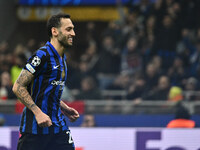 Hakan Calhanoglu of F.C. Inter celebrates after scoring the goal of 1-0 during the UEFA Champions League 2024/25 League Phase MD4 match betw...