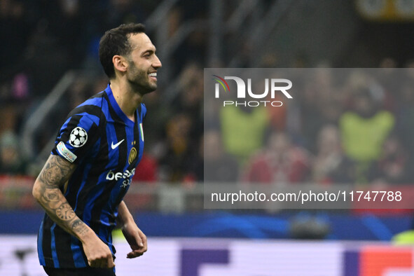 Hakan Calhanoglu of F.C. Inter celebrates after scoring the goal of 1-0 during the UEFA Champions League 2024/25 League Phase MD4 match betw...