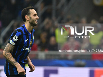 Hakan Calhanoglu of F.C. Inter celebrates after scoring the goal of 1-0 during the UEFA Champions League 2024/25 League Phase MD4 match betw...