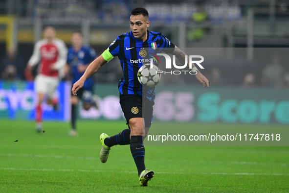 Lautaro Martinez of Inter Milan is in action during the Champions League match between Inter Milan and Arsenal at San Siro Stadium in Bergam...