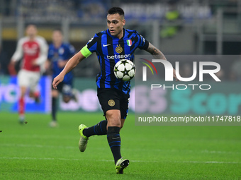 Lautaro Martinez of Inter Milan is in action during the Champions League match between Inter Milan and Arsenal at San Siro Stadium in Bergam...