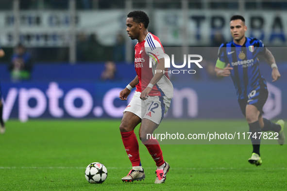 Jurrien Timber of Arsenal is in action during the Champions League match between Inter Milan and Arsenal at San Siro Stadium in Bergamo, Ita...