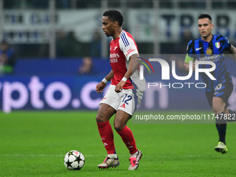 Jurrien Timber of Arsenal is in action during the Champions League match between Inter Milan and Arsenal at San Siro Stadium in Bergamo, Ita...