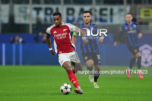 Jurrien Timber of Arsenal is in action during the Champions League match between Inter Milan and Arsenal at San Siro Stadium in Bergamo, Ita...