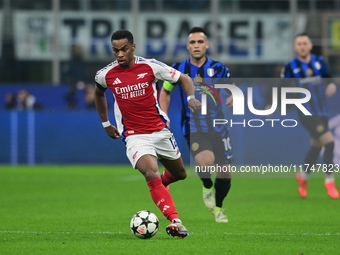 Jurrien Timber of Arsenal is in action during the Champions League match between Inter Milan and Arsenal at San Siro Stadium in Bergamo, Ita...