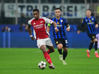 Jurrien Timber of Arsenal is in action during the Champions League match between Inter Milan and Arsenal at San Siro Stadium in Bergamo, Ita...