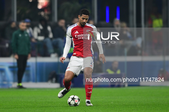 William Saliba of Arsenal is in action during the Champions League match between Inter Milan and Arsenal at San Siro Stadium in Bergamo, Ita...