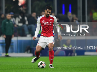 William Saliba of Arsenal is in action during the Champions League match between Inter Milan and Arsenal at San Siro Stadium in Bergamo, Ita...