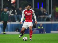 William Saliba of Arsenal is in action during the Champions League match between Inter Milan and Arsenal at San Siro Stadium in Bergamo, Ita...