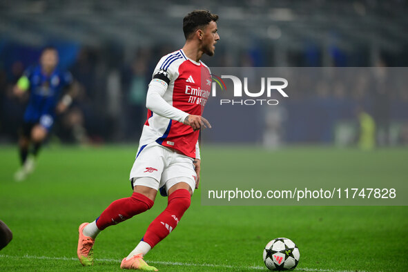 Ben White of Arsenal is in action during the Champions League match between Inter Milan and Arsenal at San Siro Stadium in Bergamo, Italy, o...