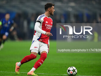 Ben White of Arsenal is in action during the Champions League match between Inter Milan and Arsenal at San Siro Stadium in Bergamo, Italy, o...