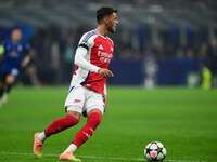 Ben White of Arsenal is in action during the Champions League match between Inter Milan and Arsenal at San Siro Stadium in Bergamo, Italy, o...