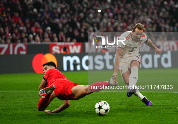 Harry Kane of Bayern Munich  shoots on goal during the Champions League Round 4 match between Bayern Munich v Benfica at the Allianz arena,...