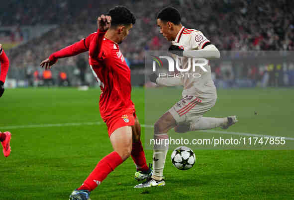 Jamal Musiala of Bayern Munich  controls the ball during the Champions League Round 4 match between Bayern Munich v Benfica at the Allianz a...