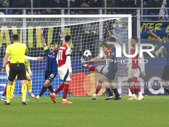 William Saliba plays during the UEFA Champions League 2024/25 match between FC Internazionale and FC Arsenal in Milano, Italy, on November 6...