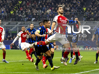 Mikel Merino plays during the UEFA Champions League 2024/25 match between FC Internazionale and FC Arsenal at Stadio Giuseppe Meazza in Mila...