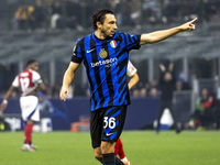 Matteo Darmian plays during the UEFA Champions League 2024/25 match between FC Internazionale and FC Arsenal at Stadio Giuseppe Meazza in Mi...