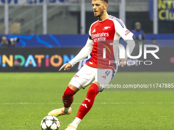 Ben White plays during the UEFA Champions League 2024/25 match between FC Internazionale and FC Arsenal in Milano, Italy, on November 6, 202...