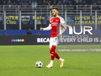 Ben White plays during the UEFA Champions League 2024/25 match between FC Internazionale and FC Arsenal in Milano, Italy, on November 6, 202...