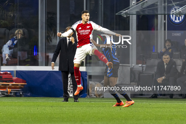 Gabriel Martinelli plays during the UEFA Champions League 2024/25 match between FC Internazionale and FC Arsenal in Milano, Italy, on Novemb...