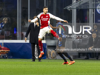 Gabriel Martinelli plays during the UEFA Champions League 2024/25 match between FC Internazionale and FC Arsenal in Milano, Italy, on Novemb...