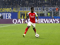 Bukayo Saka plays during the UEFA Champions League 2024/25 match between FC Internazionale and FC Arsenal at Stadio Giuseppe Meazza in Milan...