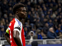 Bukayo Saka plays during the UEFA Champions League 2024/25 match between FC Internazionale and FC Arsenal at Stadio Giuseppe Meazza in Milan...