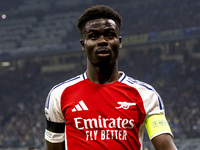 Bukayo Saka plays during the UEFA Champions League 2024/25 match between FC Internazionale and FC Arsenal at Stadio Giuseppe Meazza in Milan...