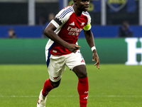 Bukayo Saka plays during the UEFA Champions League 2024/25 match between FC Internazionale and FC Arsenal at Stadio Giuseppe Meazza in Milan...