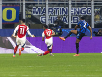 Denzel Dumfries plays during the UEFA Champions League 2024/25 match between FC Internazionale and FC Arsenal in Milano, Italy, on November...