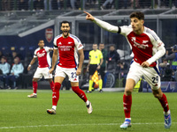 Mikel Merino plays during the UEFA Champions League 2024/25 match between FC Internazionale and FC Arsenal at Stadio Giuseppe Meazza in Mila...