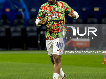 Myles Lewis-Skelly plays during the UEFA Champions League 2024/25 match between FC Internazionale and FC Arsenal in Milano, Italy, on Novemb...