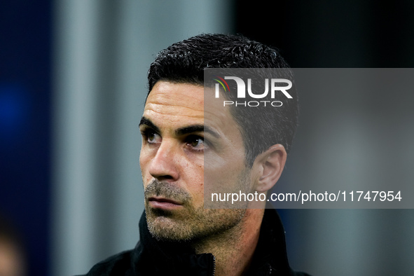 Mikel Arteta Head Coach of Arsenal looks on during the UEFA Champions League 2024/25 League Phase MD4 match between FC Internazionale and Ar...